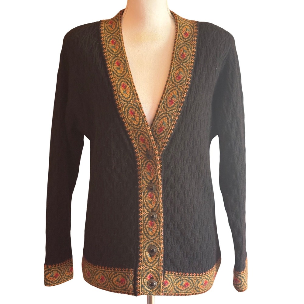 Herman Geist Vintage Worsted Wool Cardigan Jacquad Trim Dark AcademiaMedium